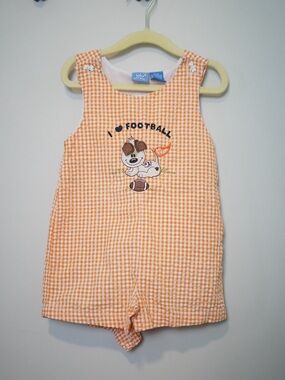 Orange Gingham Puppy Football Romper - Sleeveless